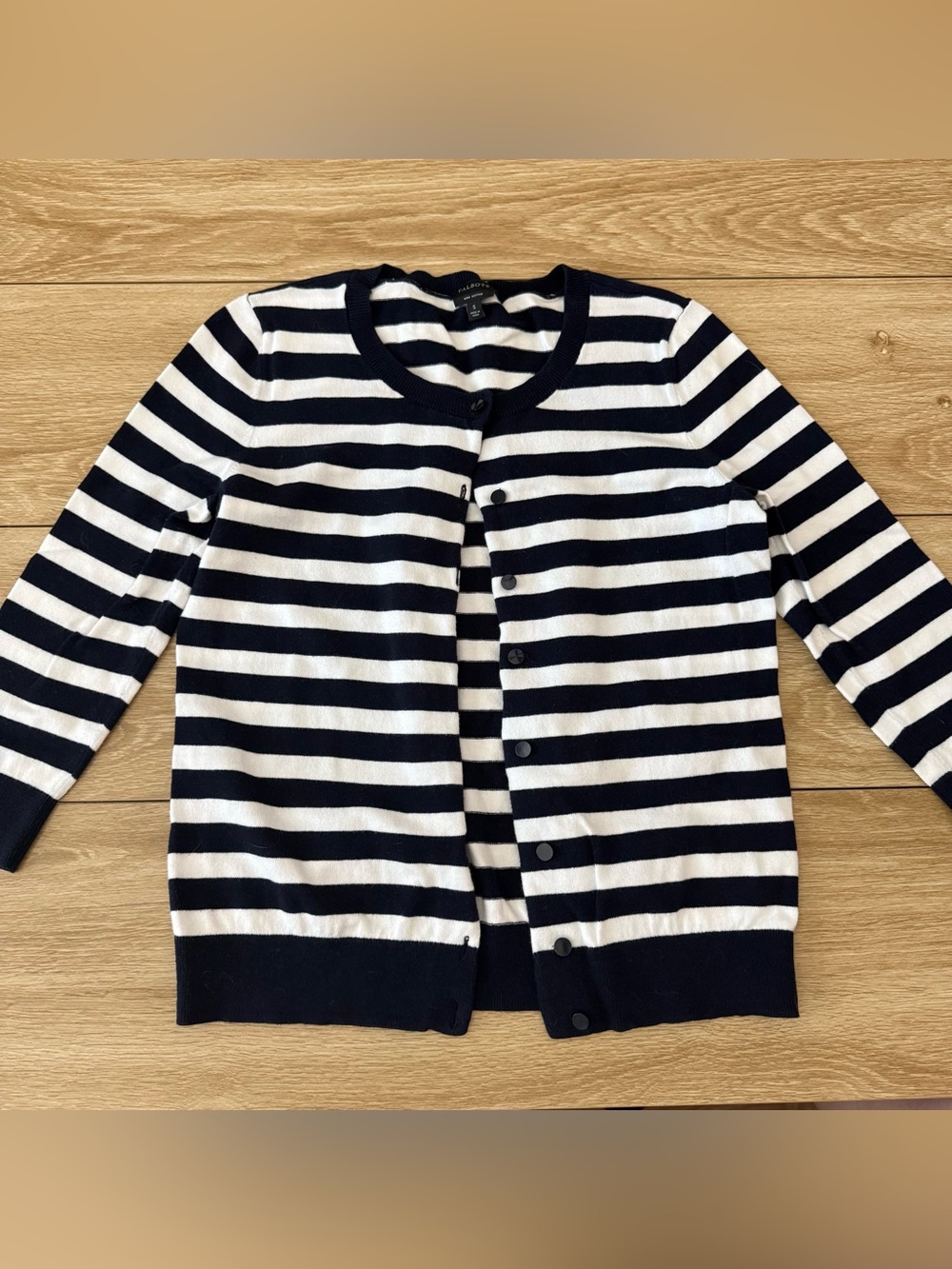 Talbots Black and White Striped Quarter Sleeve Button Up Cardigan Size Small